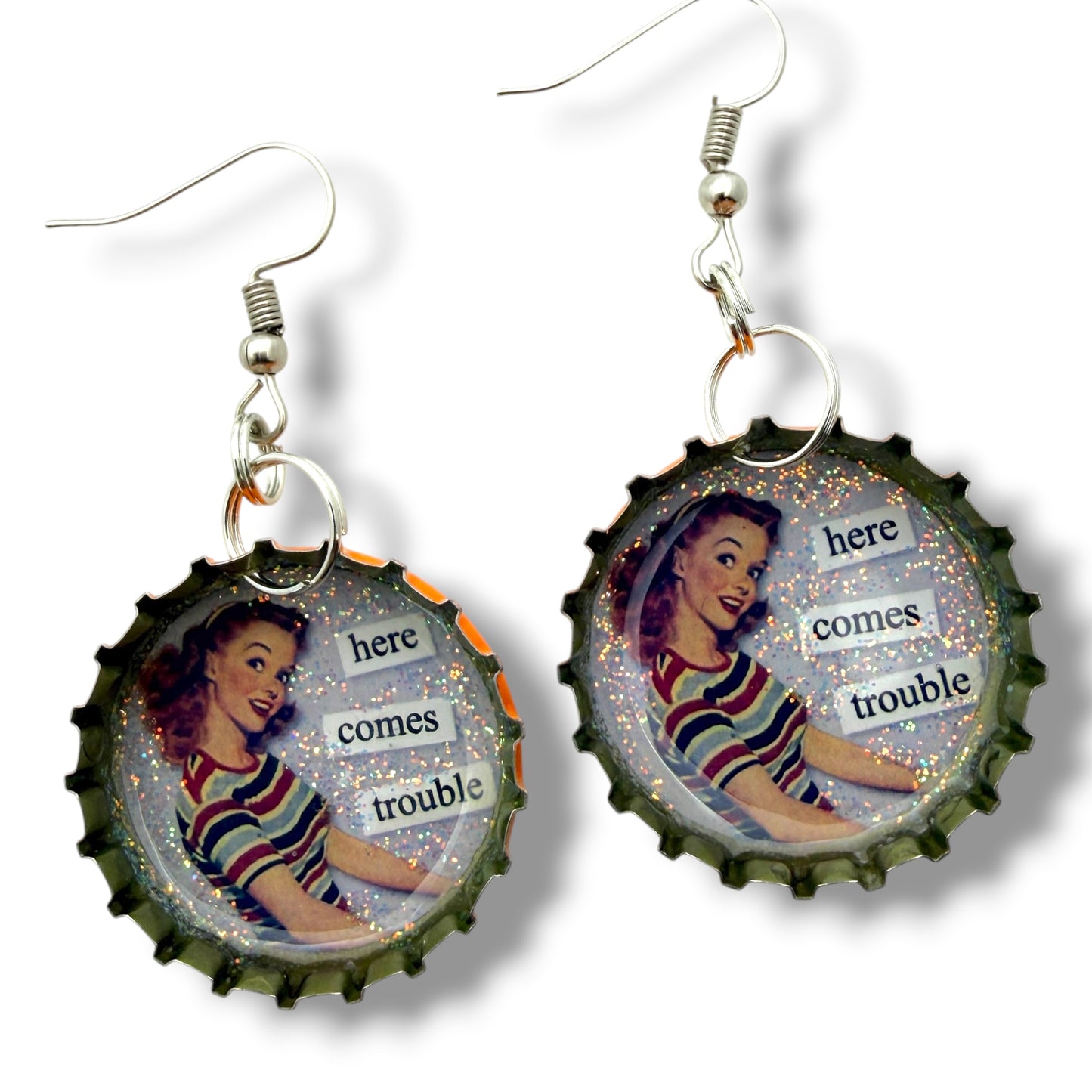 Retro Pin Up Bottle Cap Earrings – Rockabilly Statement Jewelry
