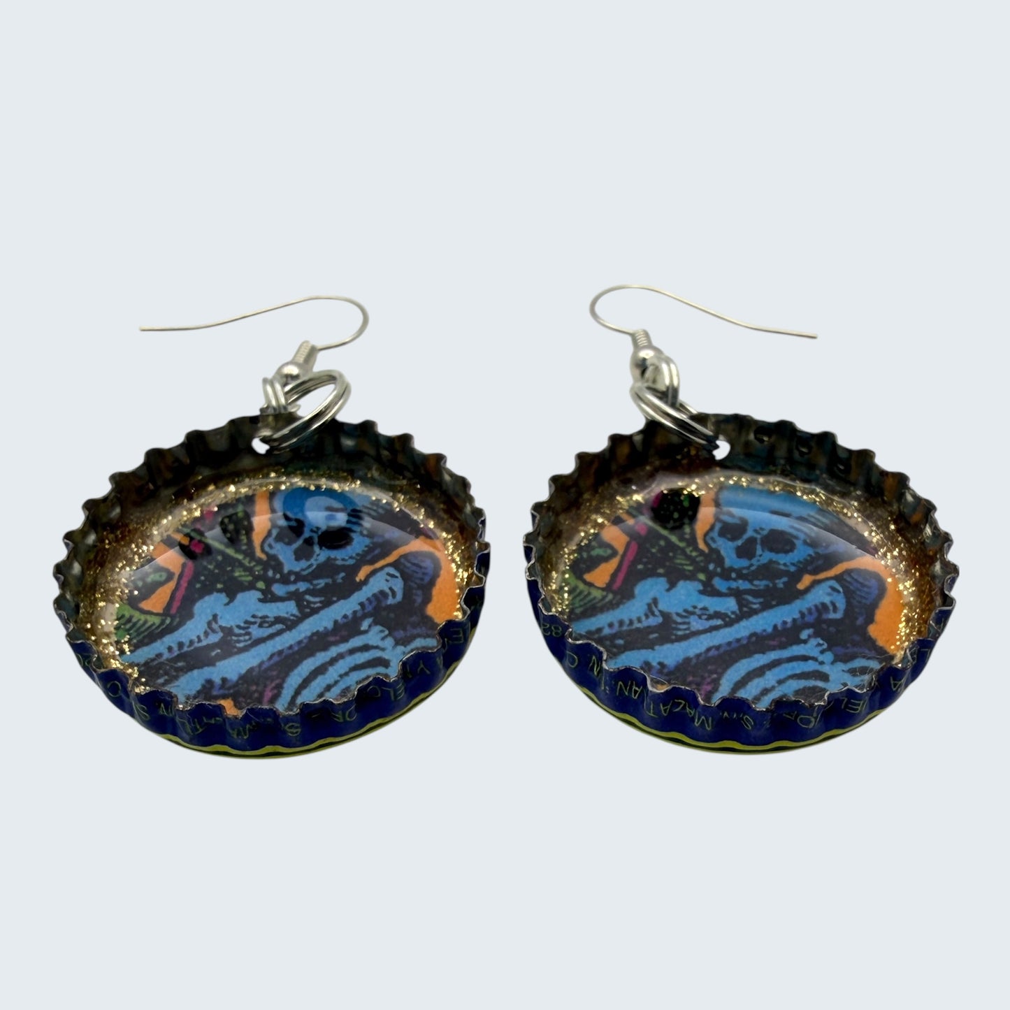 Upcycled Pacifico Bottle Cap Skeleton Earrings