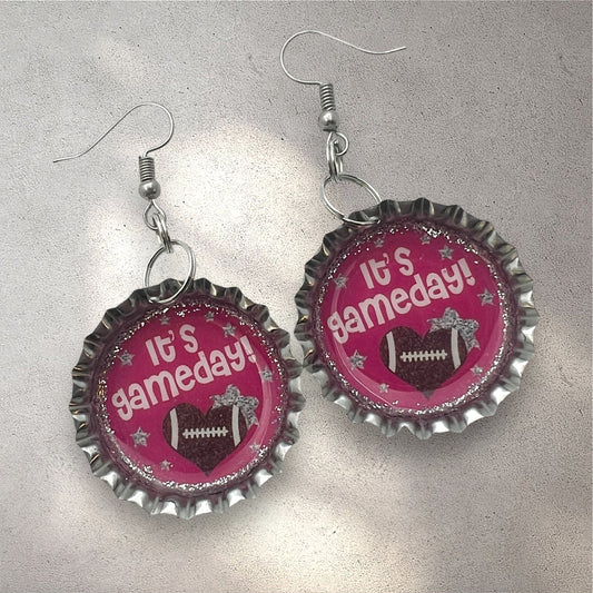 Pink Gameday Football Bottle Cap Earrings – Glitter Sports Fan Jewelry