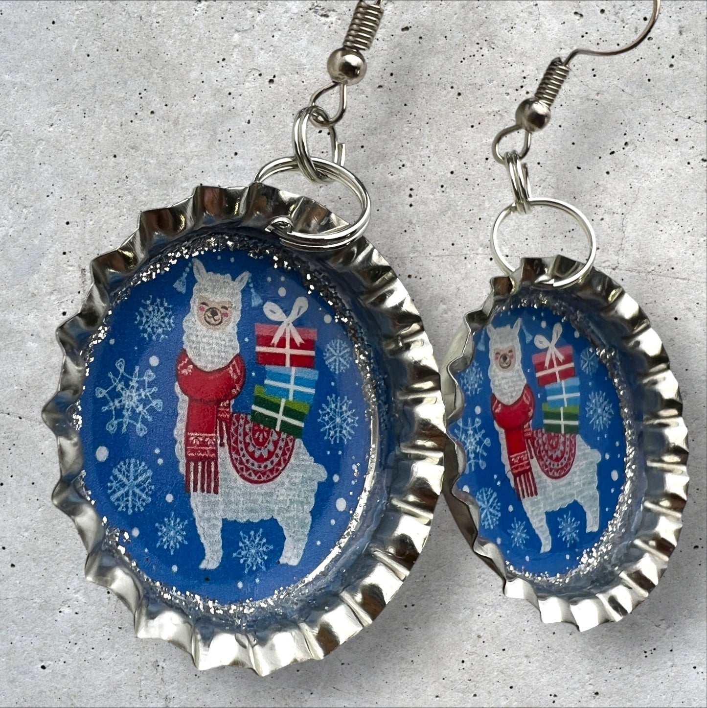 Festive Christmas Llama Bottle Cap Earrings