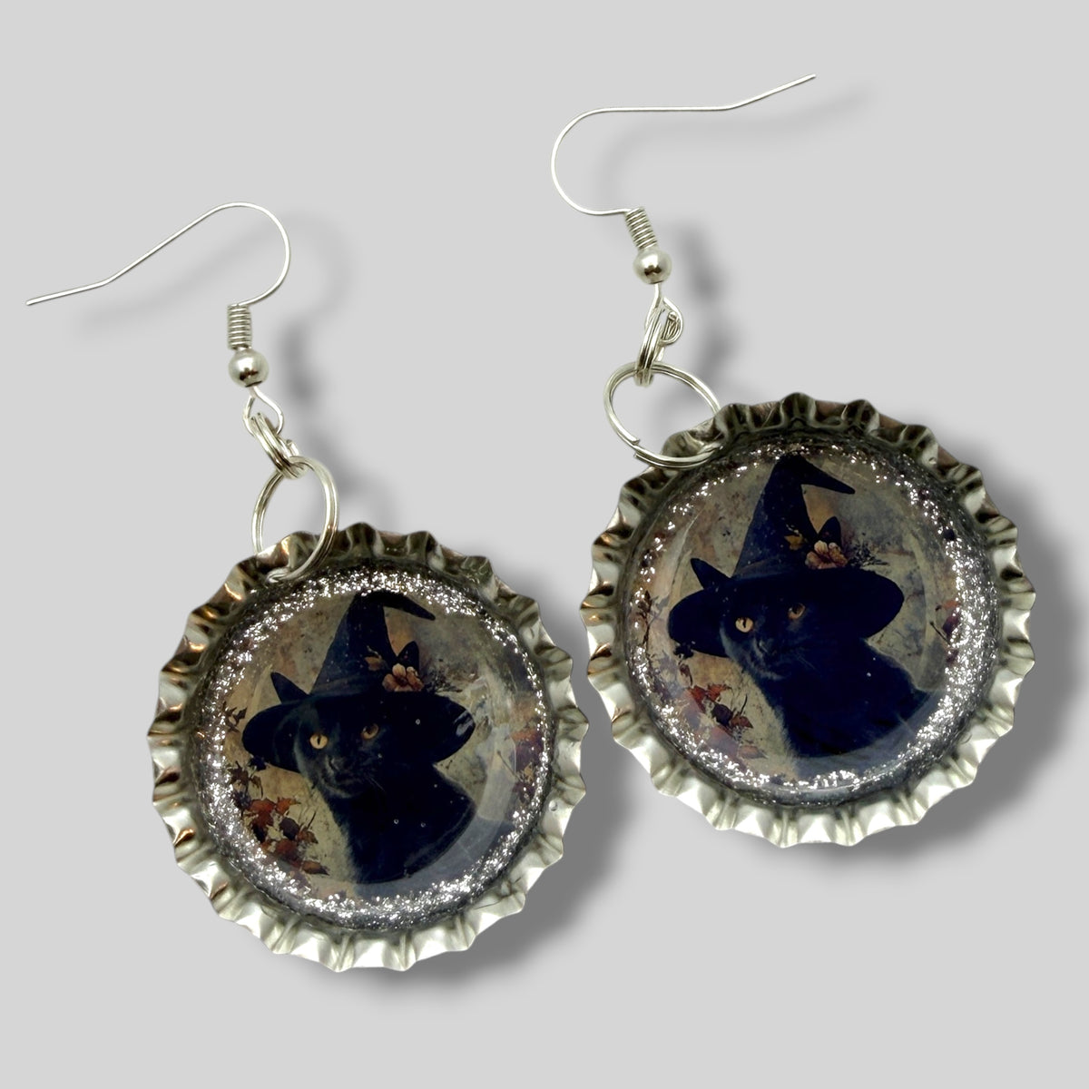 Black Cat Witch Bottle Cap Earrings