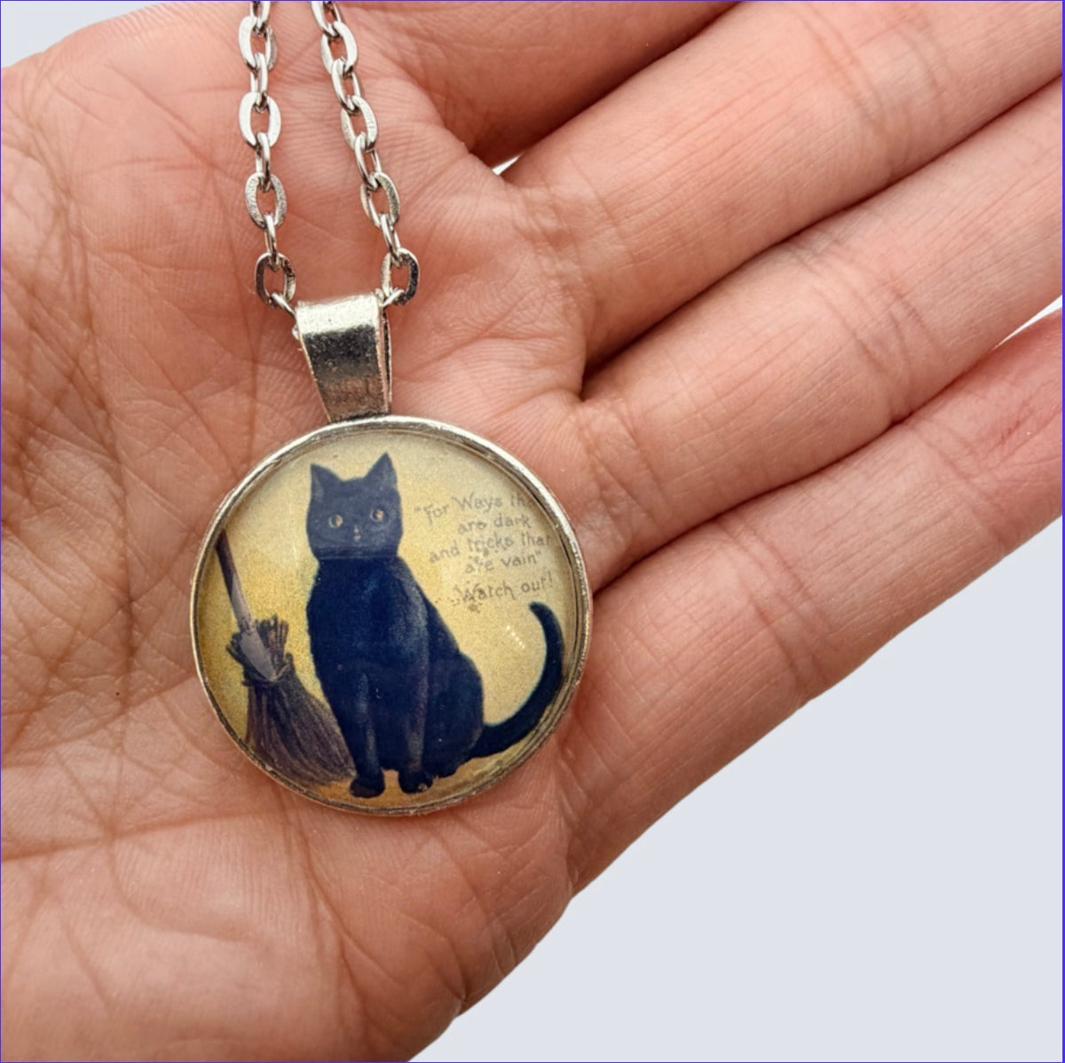 Black Cat Witch Necklace – Vintage Halloween Pendant, 24” Chain
