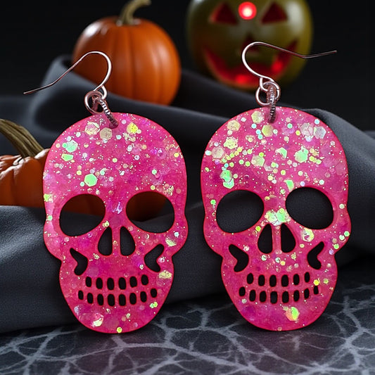 Pink Glitter Resin Skull Earrings – 2” Handmade Sparkle Dangle Halloween Jewelry