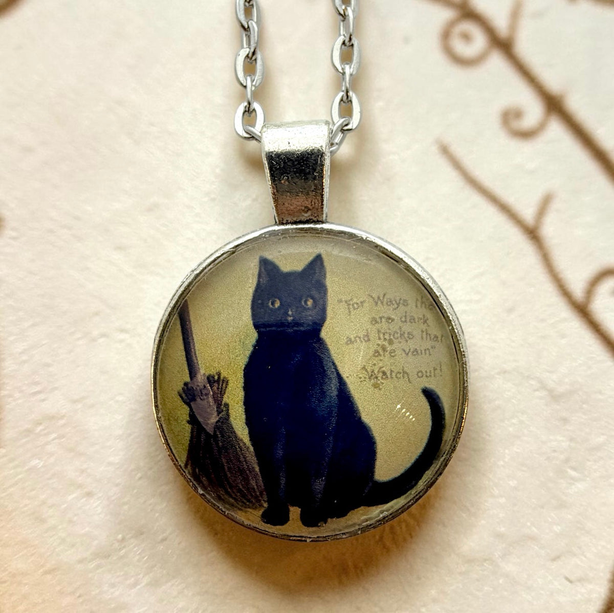 Black Cat Witch Necklace – Vintage Halloween Pendant, 24” Chain