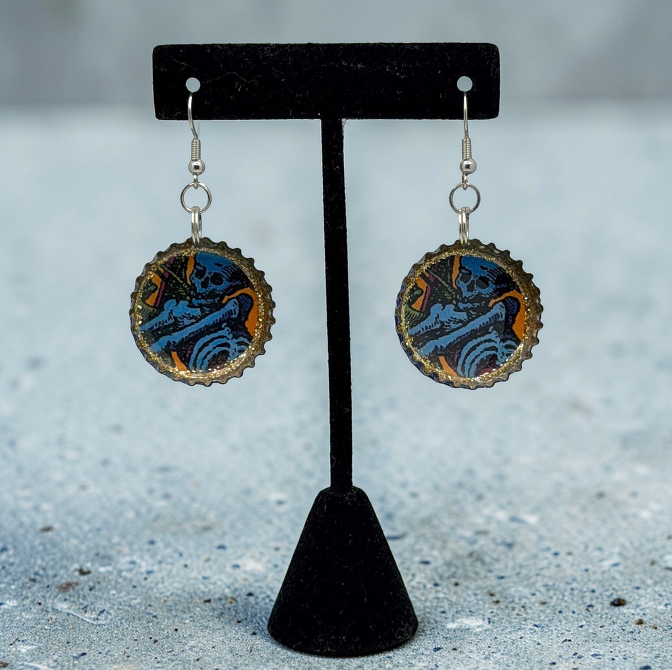 Upcycled Pacifico Bottle Cap Skeleton Earrings