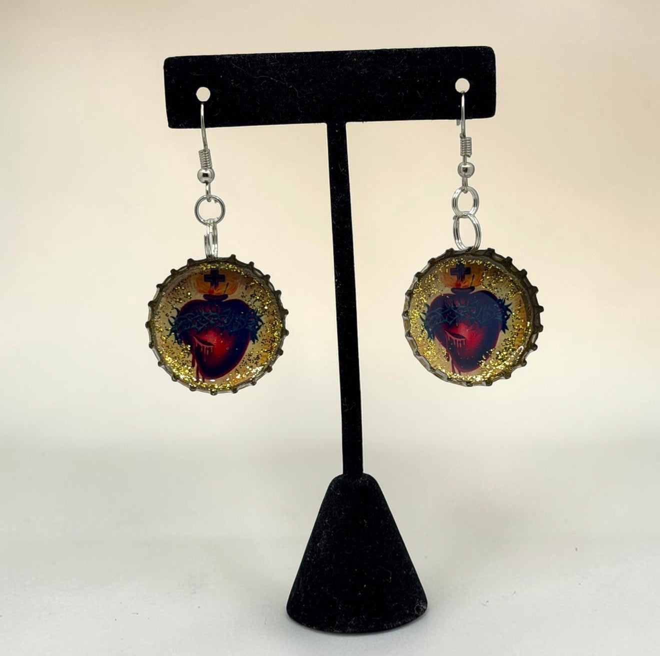 Upcycled Blue Moon Bottle Cap Sacred Heart Earrings