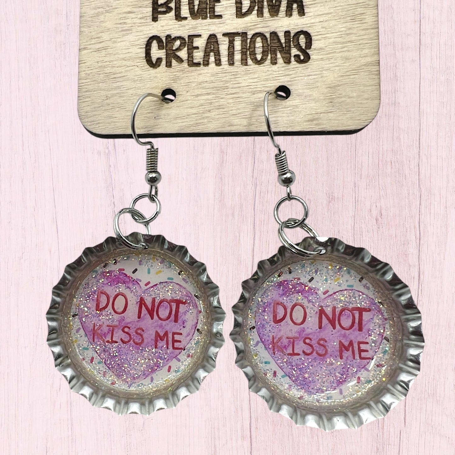 Valentine “Do Not Kiss Me” Bottle Cap Earrings