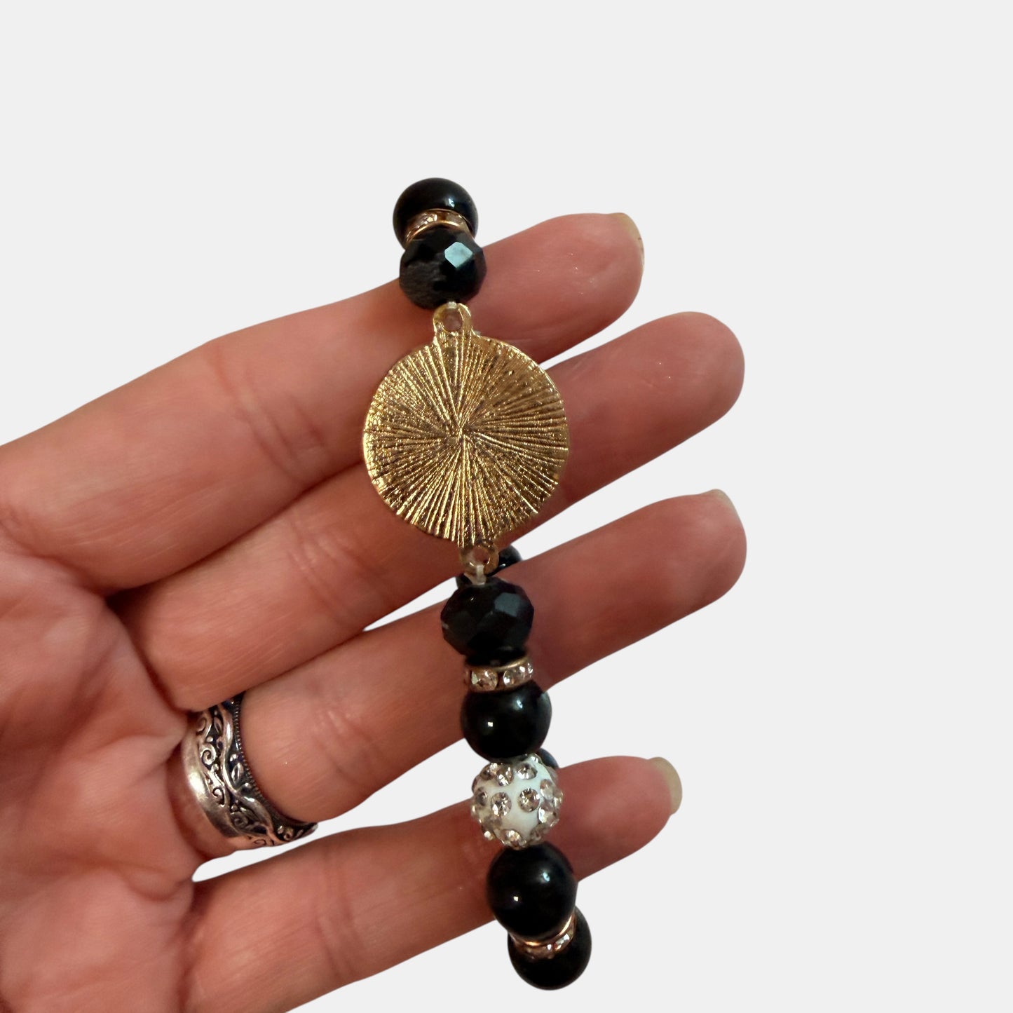 Frida Kahlo Black Beaded Stretch Bracelet Rhinestone Charm