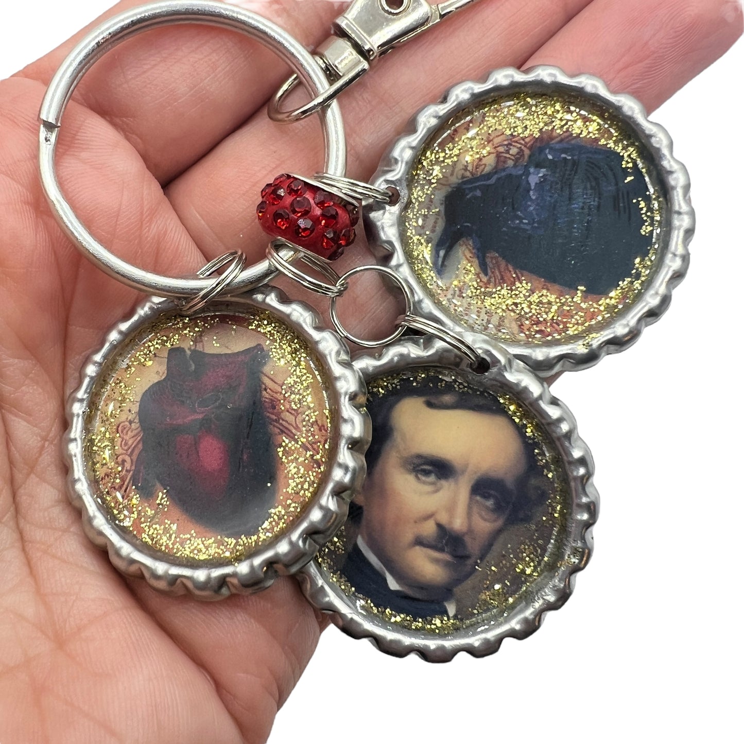 Edgar Allan Poe Keychain with Raven & Heart Charms