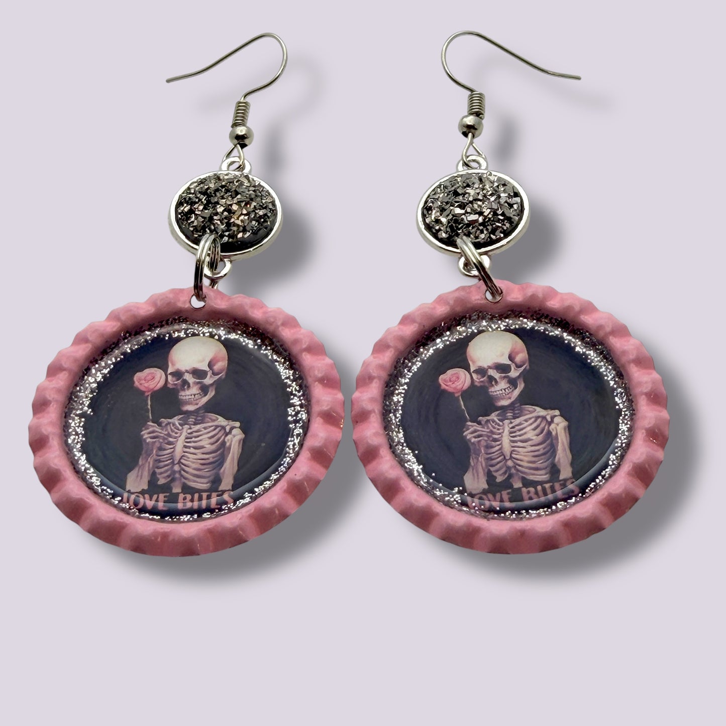 Goth “Love Bites” Skeleton Rose Druzy Bottle Cap Earrings