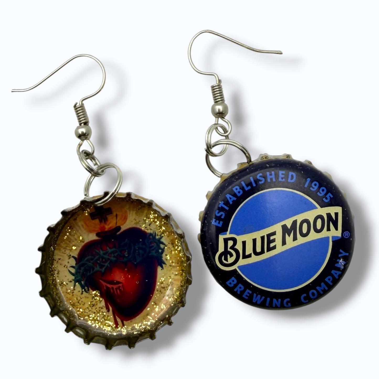 Upcycled Blue Moon Bottle Cap Sacred Heart Earrings