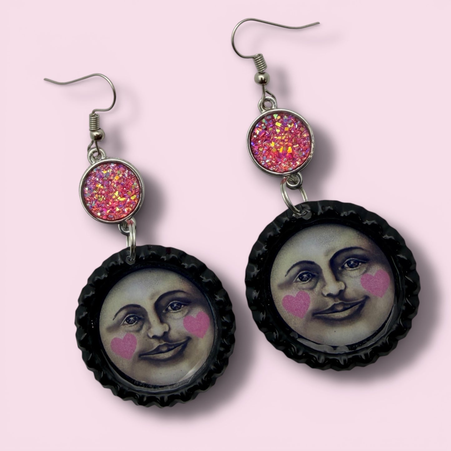 Moon Face Bottle Cap Dangle Earrings with Pink Hearts