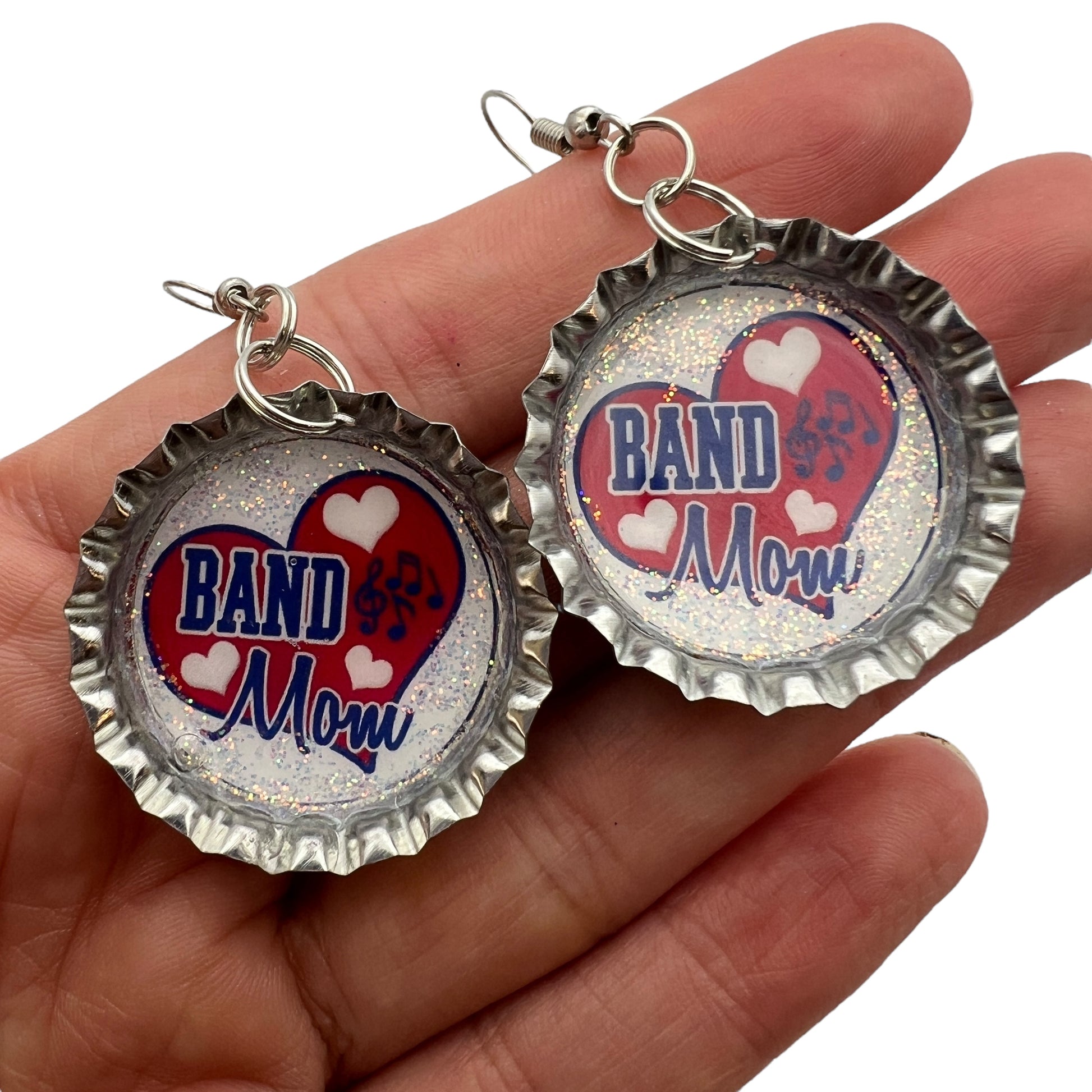 Blue & Red Band Mom Bottle Cap Earrings – Glitter Heart Music Note Dangle Jewelry
