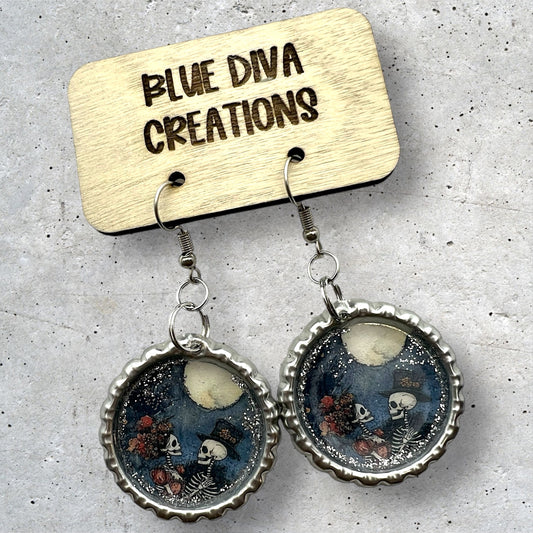 “Dancing in the Moonlight”Skeleton Couple Bottle Cap Earrings