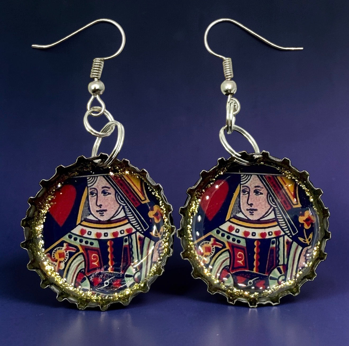 Upcycled Shiner Bottle Cap Queen of Hearts Earrings