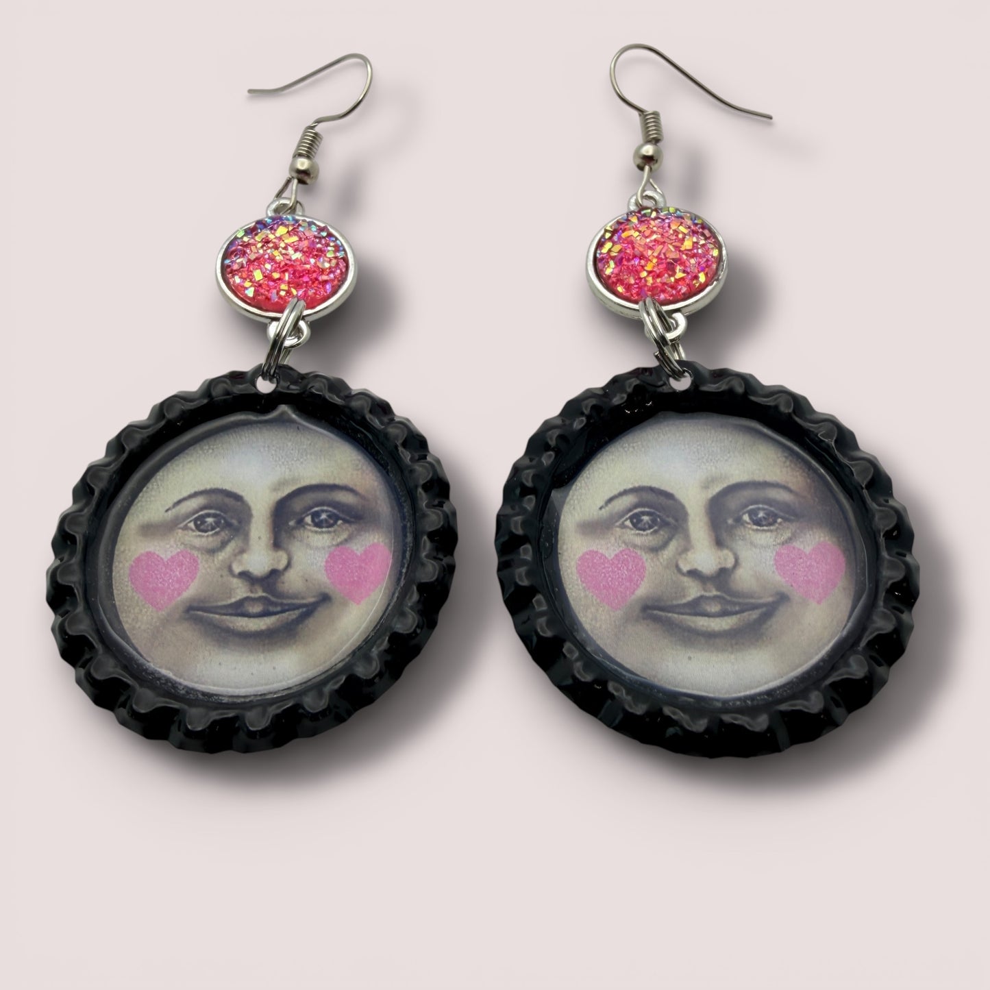 Moon Face Bottle Cap Dangle Earrings with Pink Hearts