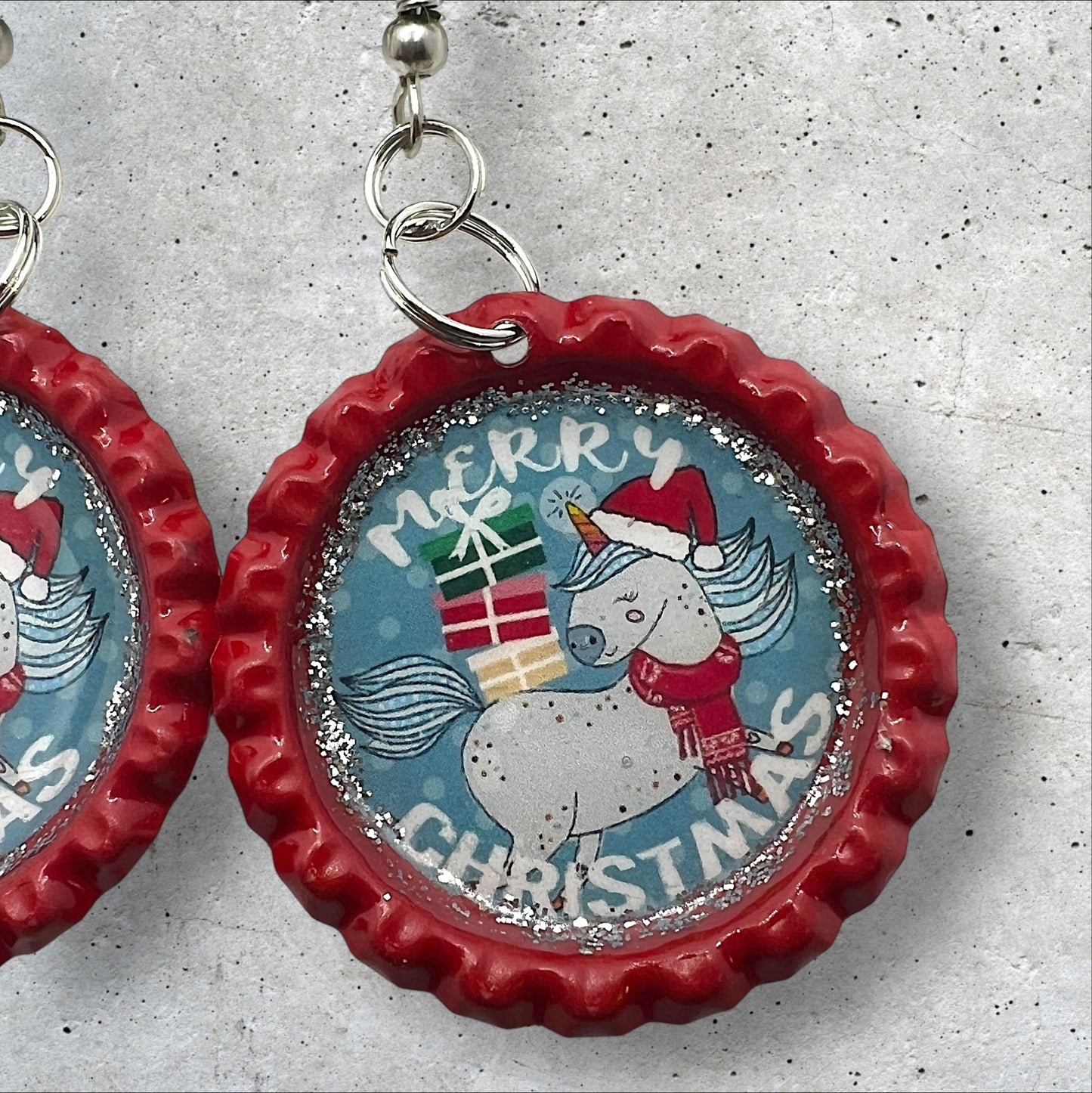 Whimsical Christmas Unicorn Red Bottle Cap Earrings