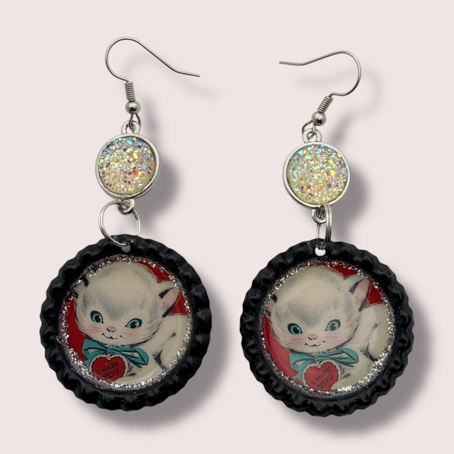 Vintage Valentine Kitten Upcycled Bottle Cap Dangle Earrings