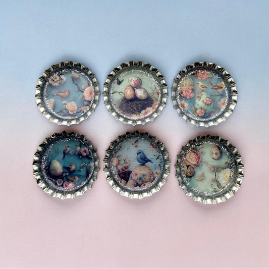 Cottagecore Bird & Floral Bottle Cap Magnets Set of 6