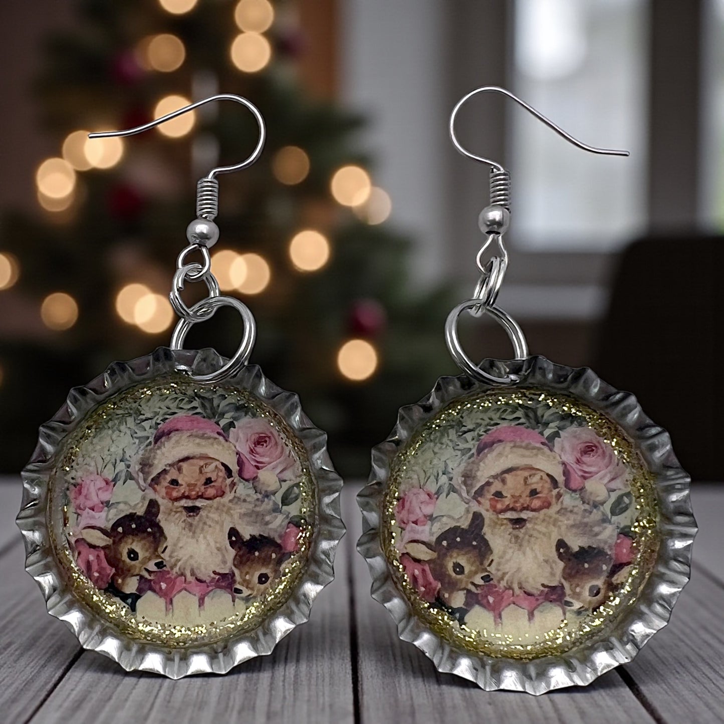 Pink Santa & Reindeer Bottle Cap Earrings