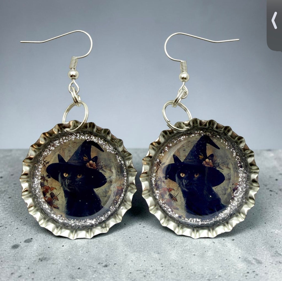 Black Cat Witch Bottle Cap Earrings
