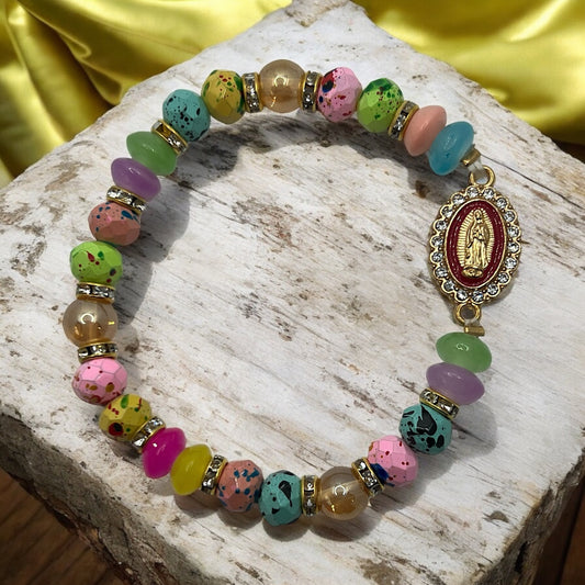 Virgin Mary Vibrant Speckled Glass Bead Bracelet