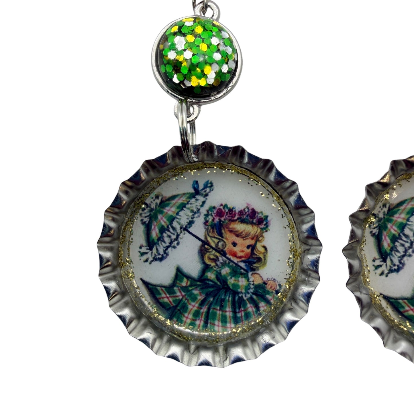 Retro Girl with Umbrella St. Patrick’s Day Bottle Cap Earrings