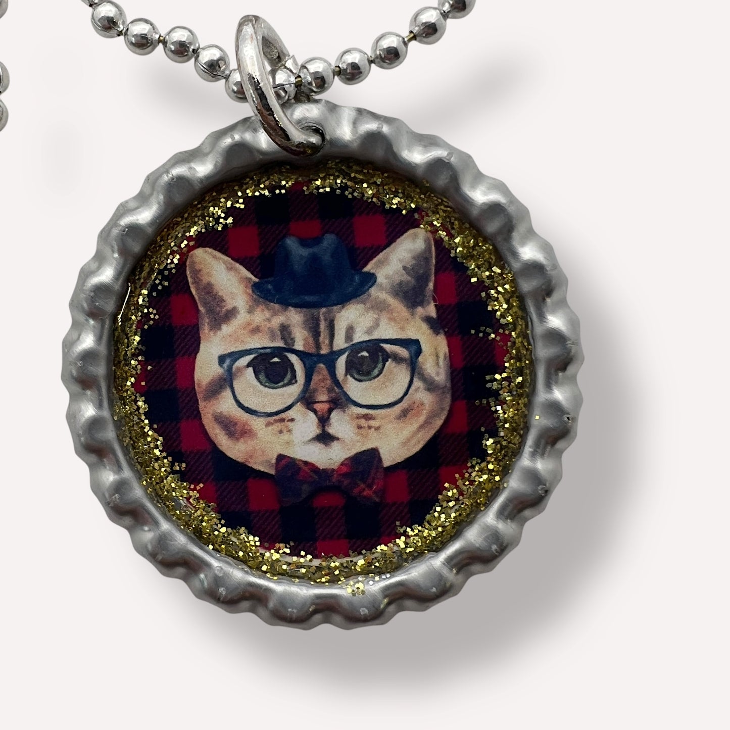 Hipster Cat Bottle Cap Necklace