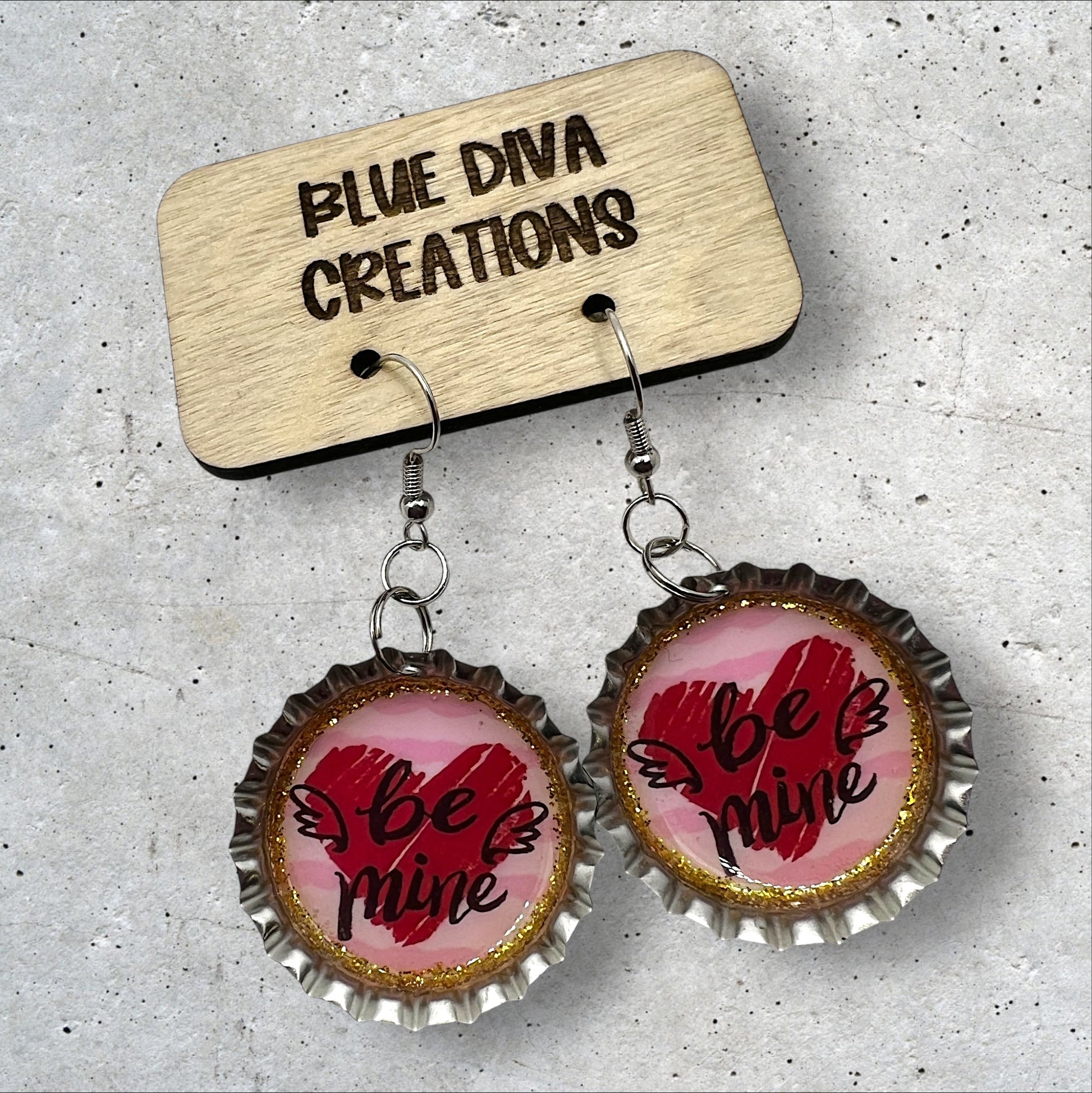 “Be Mine” Valentine Bottle Cap Earrings 