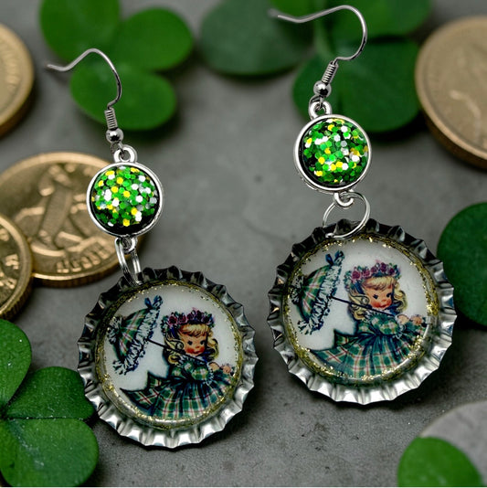 Retro Girl with Umbrella St. Patrick’s Day Bottle Cap Earrings