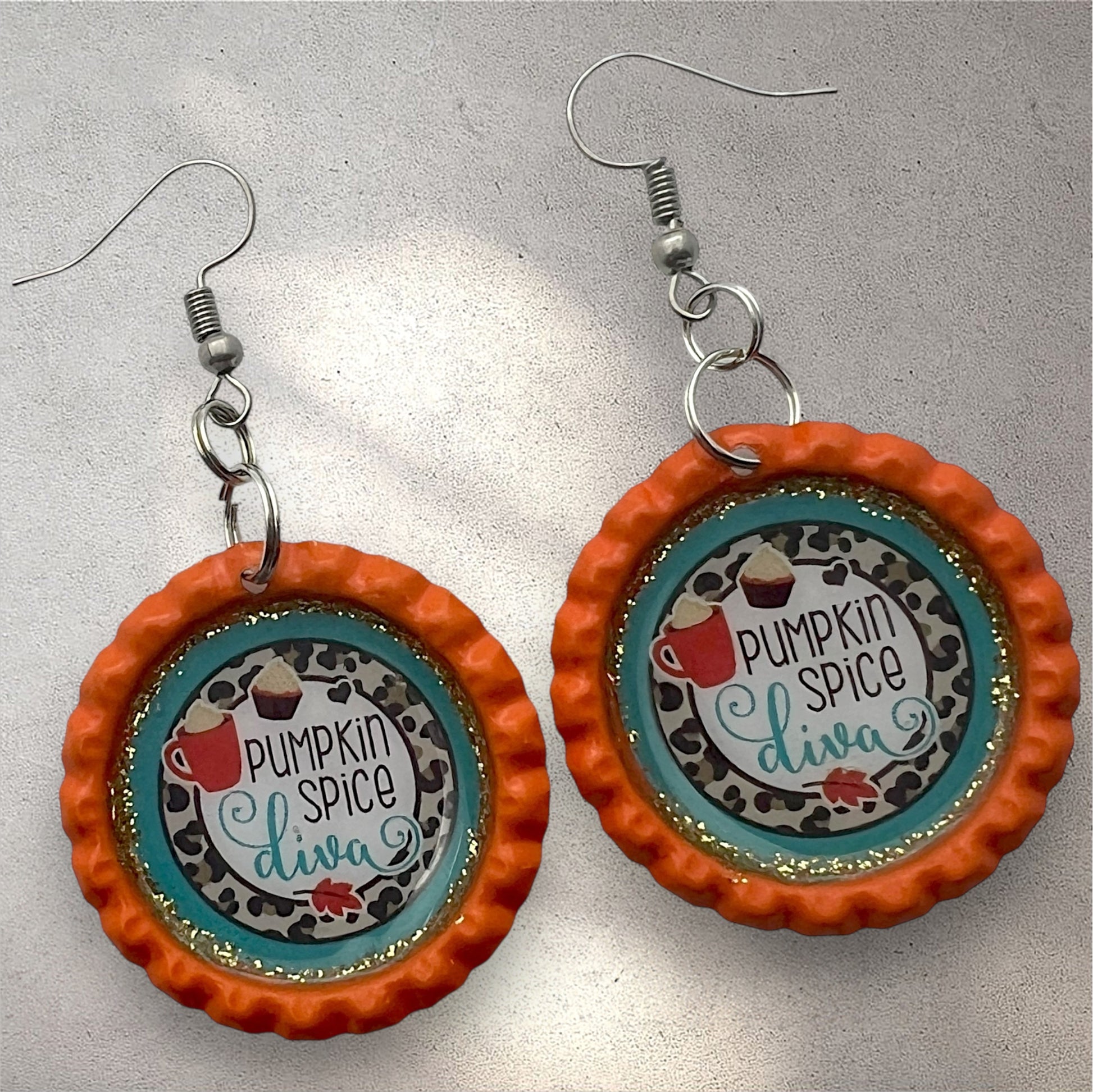 Pumpkin Spice Diva Earrings – Fall Coffee Lover Bottle Cap Jewelry