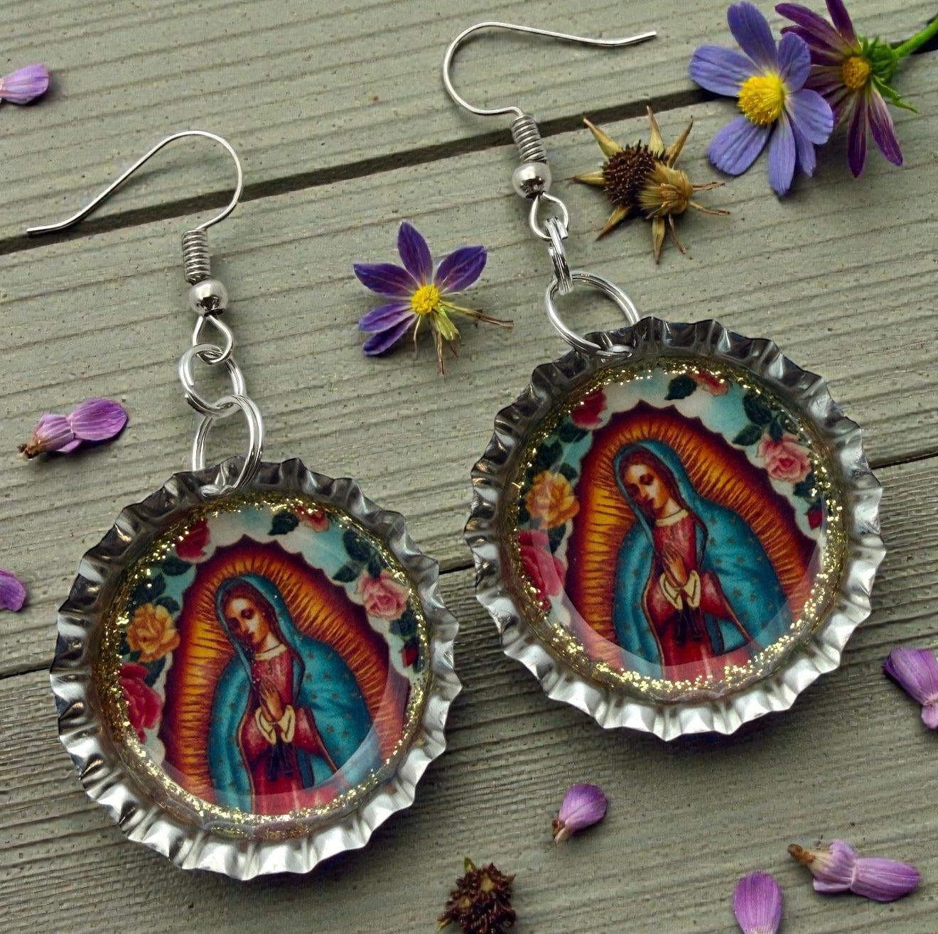Virgen de Guadalupe Bottle Cap Earrings