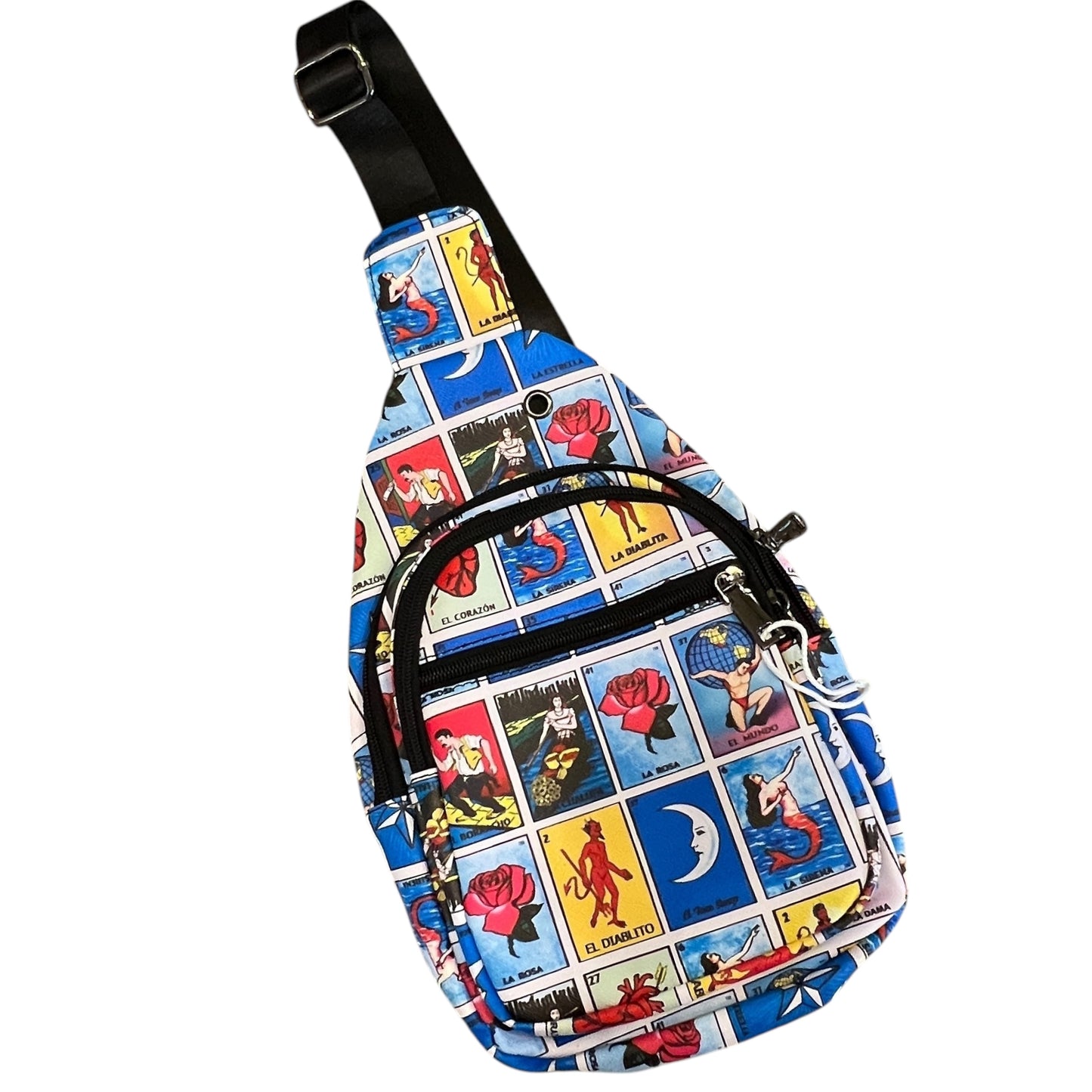 Mexican Loteria sling bag in vibrant colors featuring all of the game cards and has I main zippered compartment and black strap