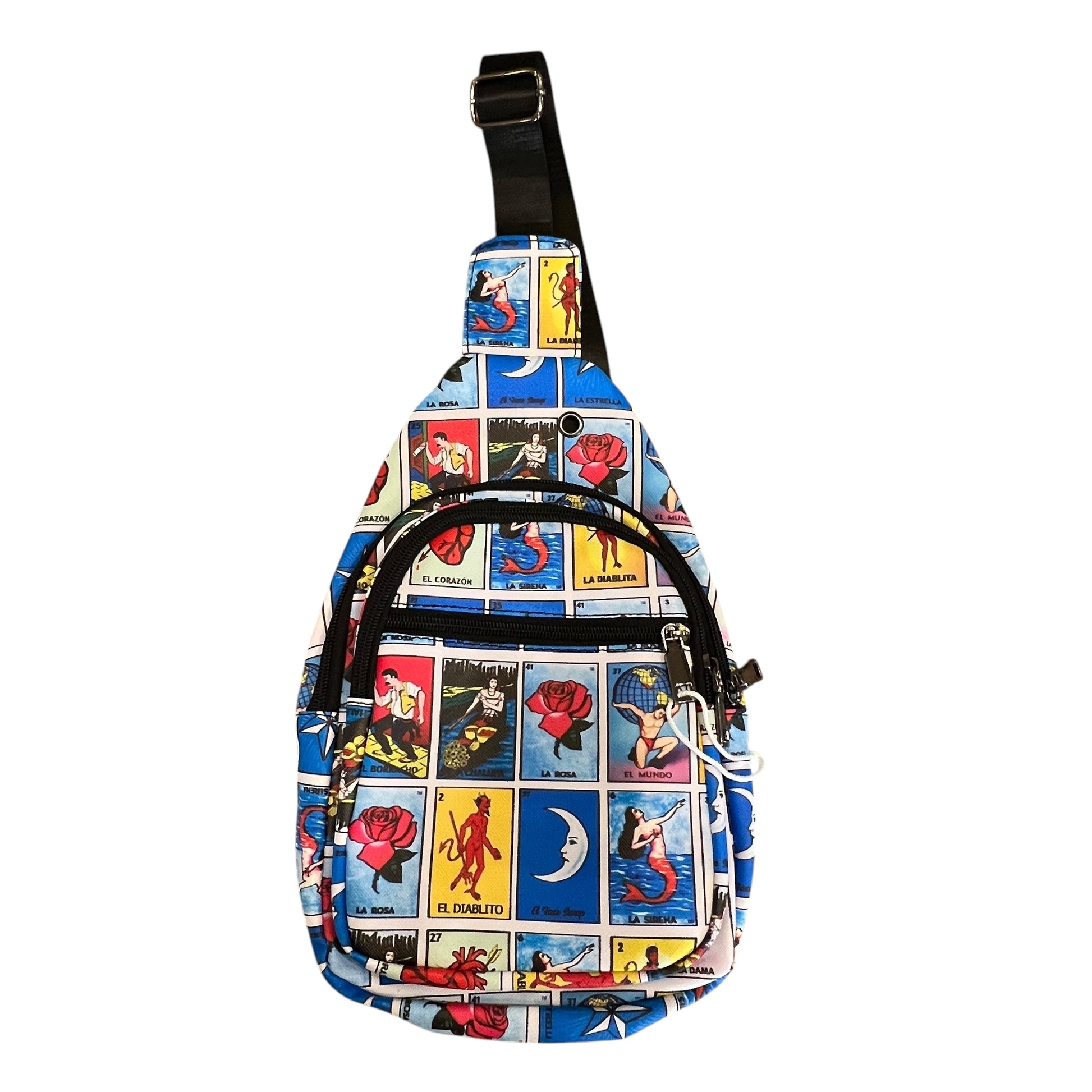 Mexican Loteria sling bag in vibrant colors featuring all of the game cards and has I main zippered compartment and black strap