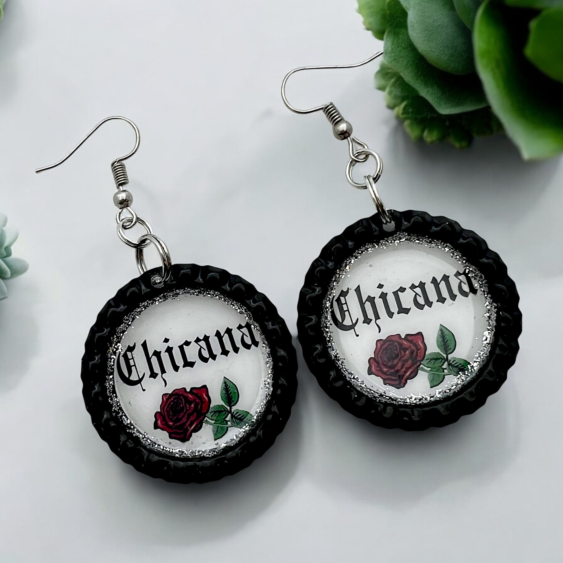 Chicana Rose Earrings – Bottle Cap Earrings with Glitter Accent – Latina Pride Jewelry – Handmade Chicana Accessories