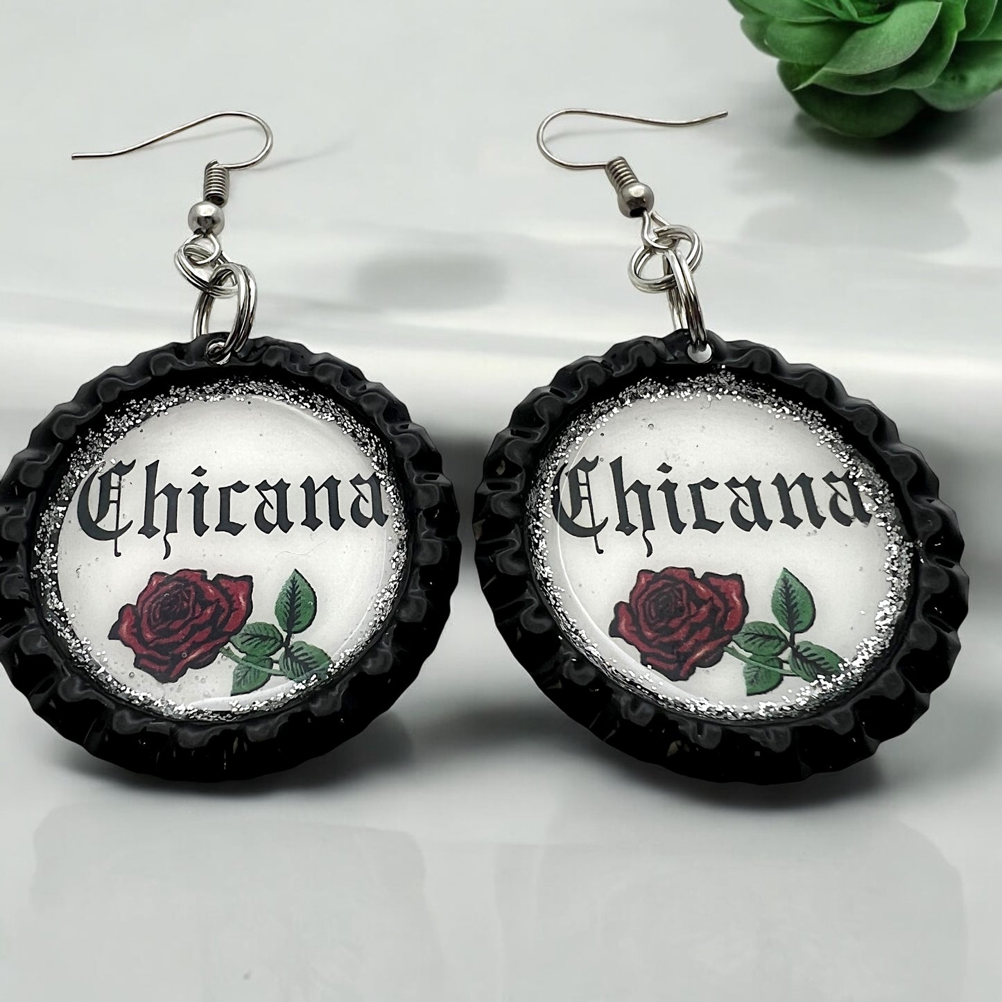 Chicana Rose Black Bottle Cap Earrings