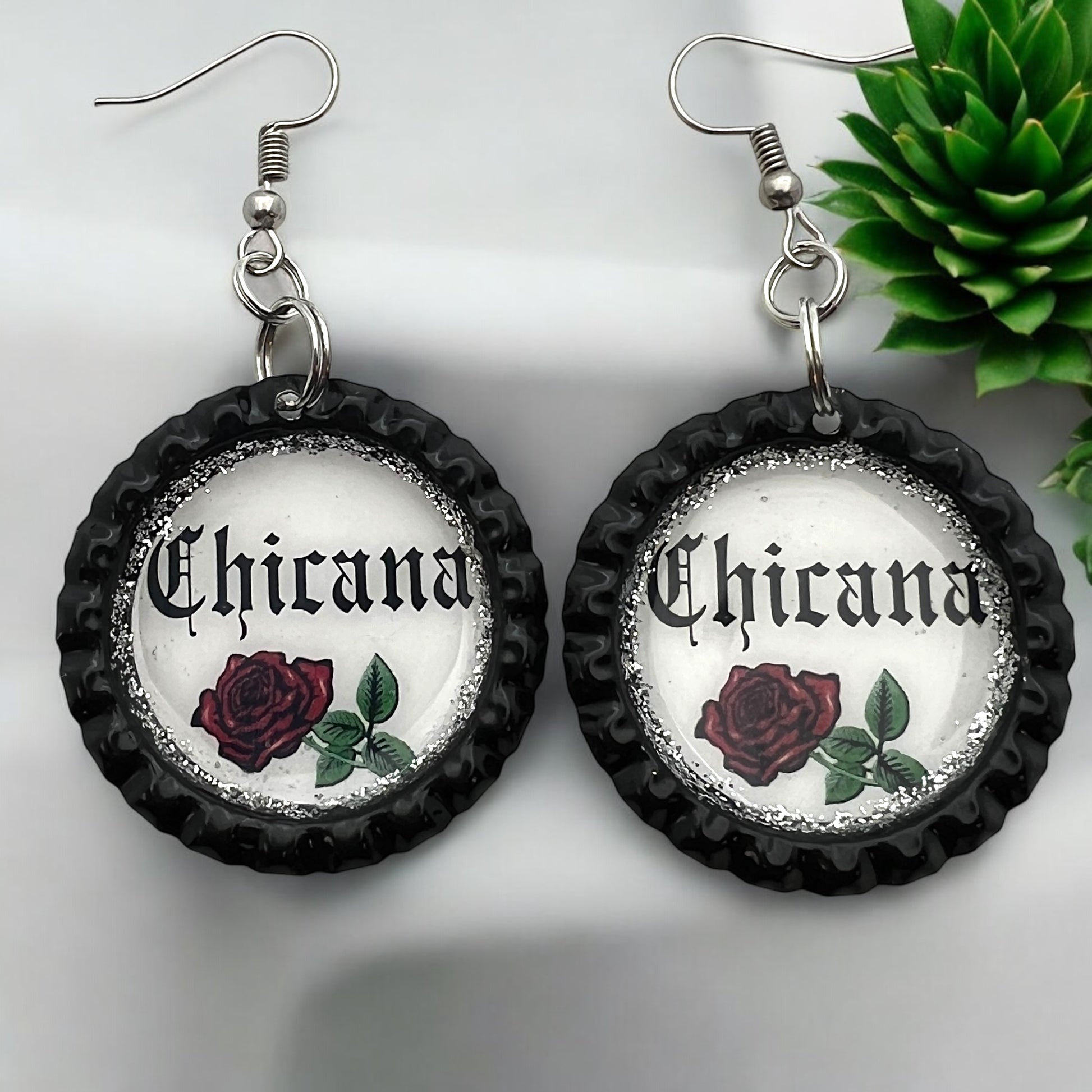 Chicana Rose Earrings – Bottle Cap Earrings with Glitter Accent – Latina Pride Jewelry – Handmade Chicana Accessories