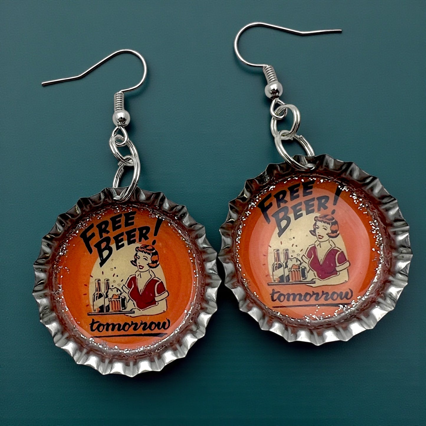 “Free Beer Tomorrow” Bottle Cap Earrings