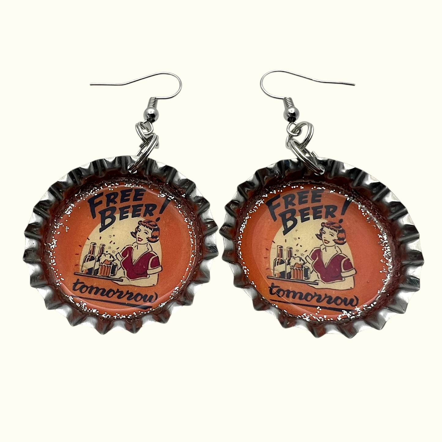 “Free Beer Tomorrow” Bottle Cap Earrings