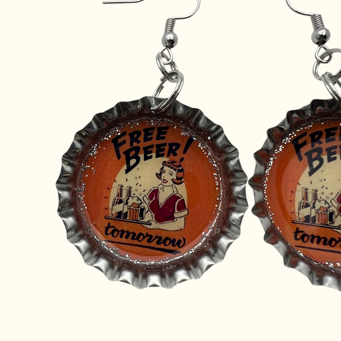 “Free Beer Tomorrow” Bottle Cap Earrings