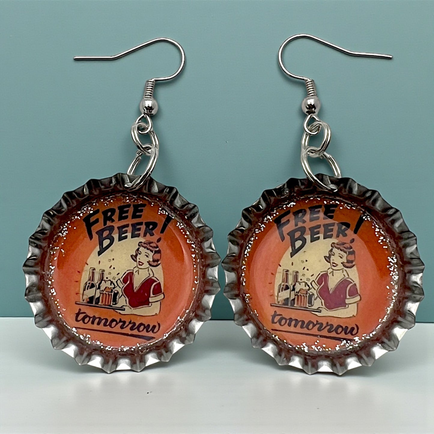 “Free Beer Tomorrow” Bottle Cap Earrings