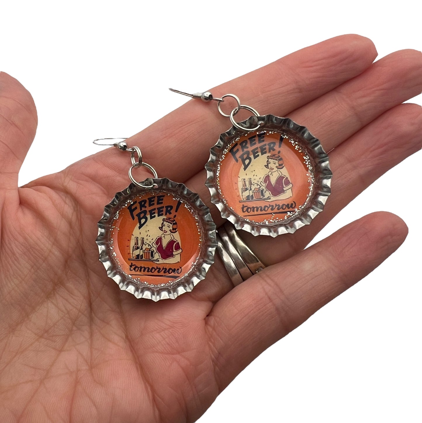 “Free Beer Tomorrow” Bottle Cap Earrings