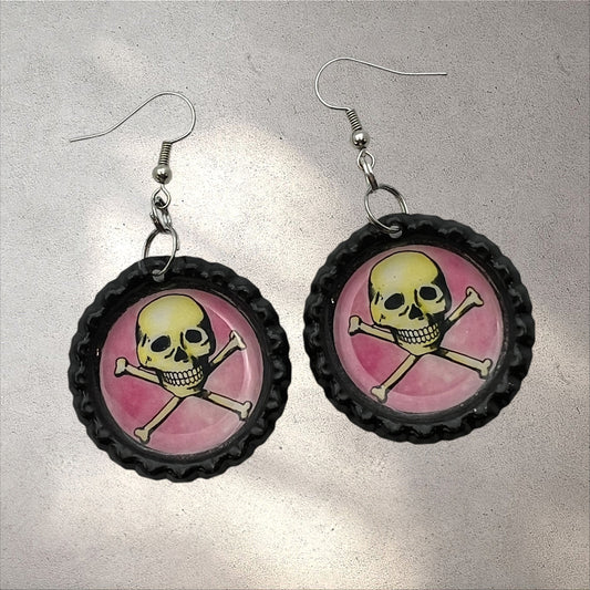 Calavera Lotería Bottle Cap Earrings – Pink Background, Upcycled Mexican Game Jewelry, Spooky Punk Goth Dangle Earrings