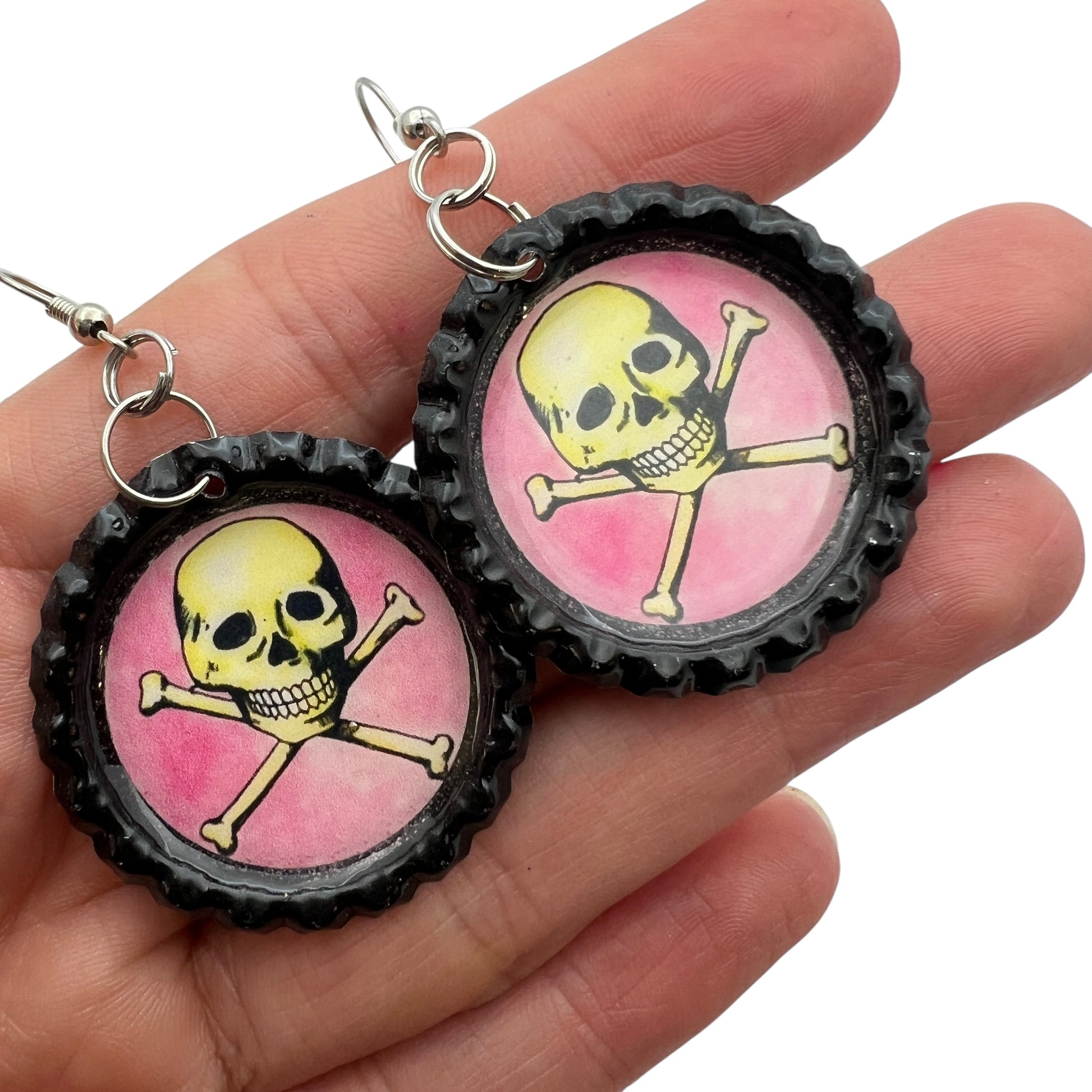 Calavera Lotería Bottle Cap Earrings – Pink Background, Upcycled Mexican Game Jewelry, Spooky Punk Goth Dangle Earrings
