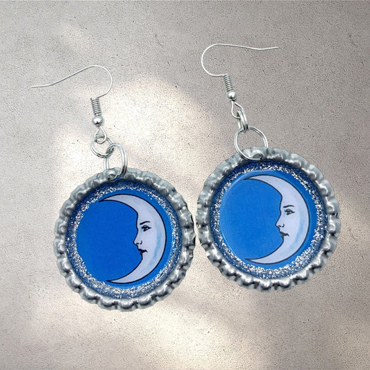 La Luna Mexicana Earrings – Lotería Bottle Cap Jewelry, Glitter Accent, Upcycled Celestial Earrings, Handmade Gift for Her