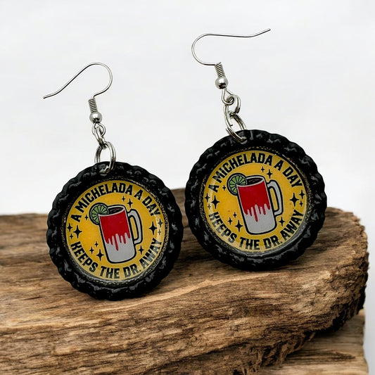 Michelada Bottle Cap Earrings – “A Michelada a Day Keeps the Dr. Away” – Funny Beer Cocktail Jewelry, Upcycled Statement Earrings