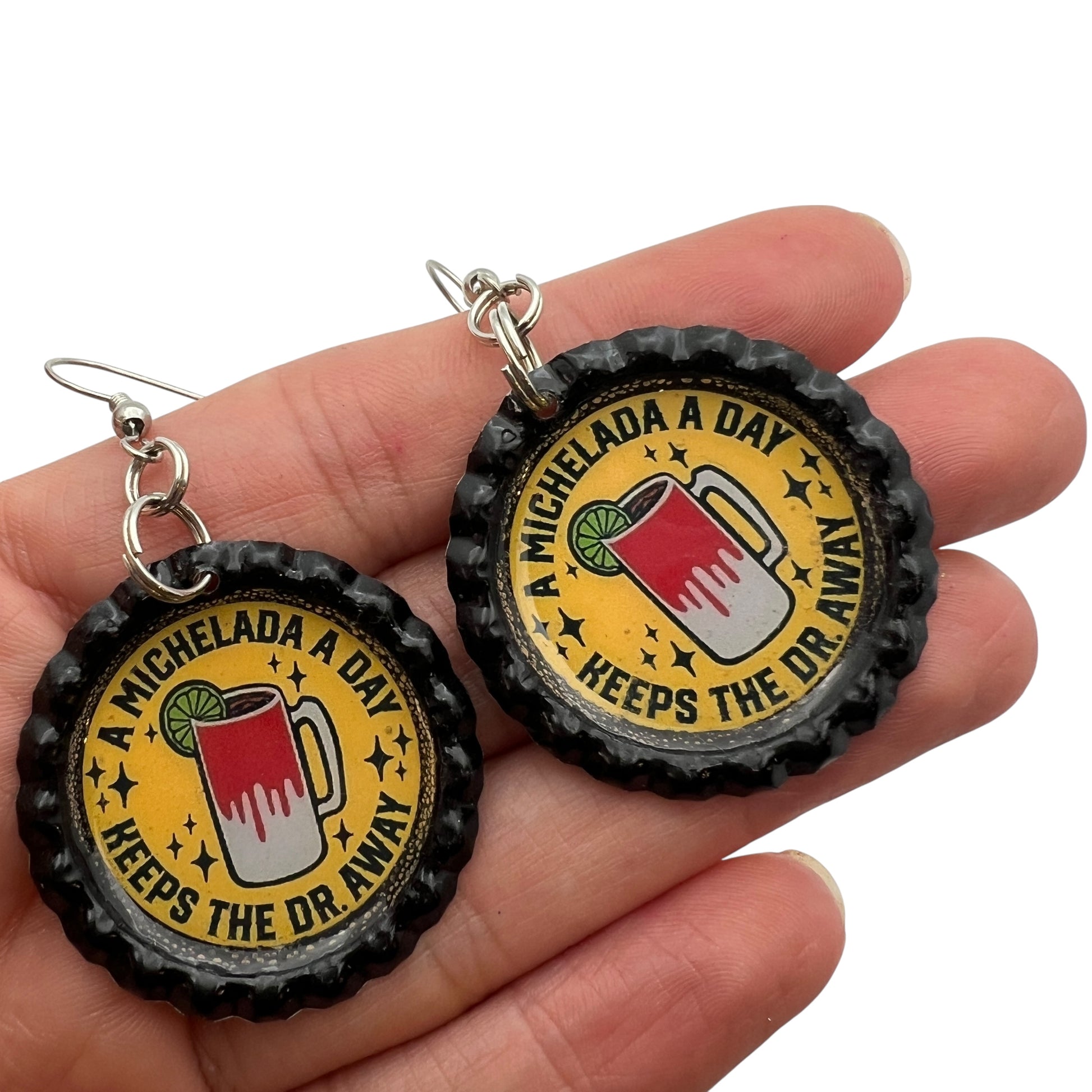 Michelada Bottle Cap Earrings – “A Michelada a Day Keeps the Dr. Away” – Funny Beer Cocktail Jewelry, Upcycled Statement Earrings