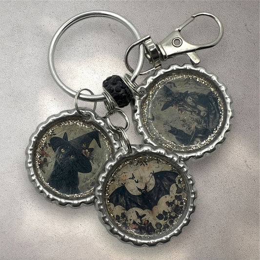 Halloween Bottle Cap Keychain – Black Cat Witch, Bat & Vintage Witch