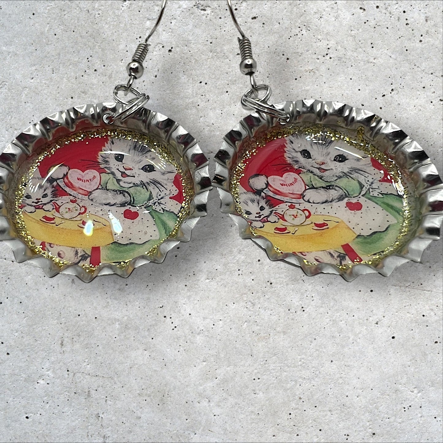 Retro Valentines Day Sweet Kitten Bottle Cap Earrings