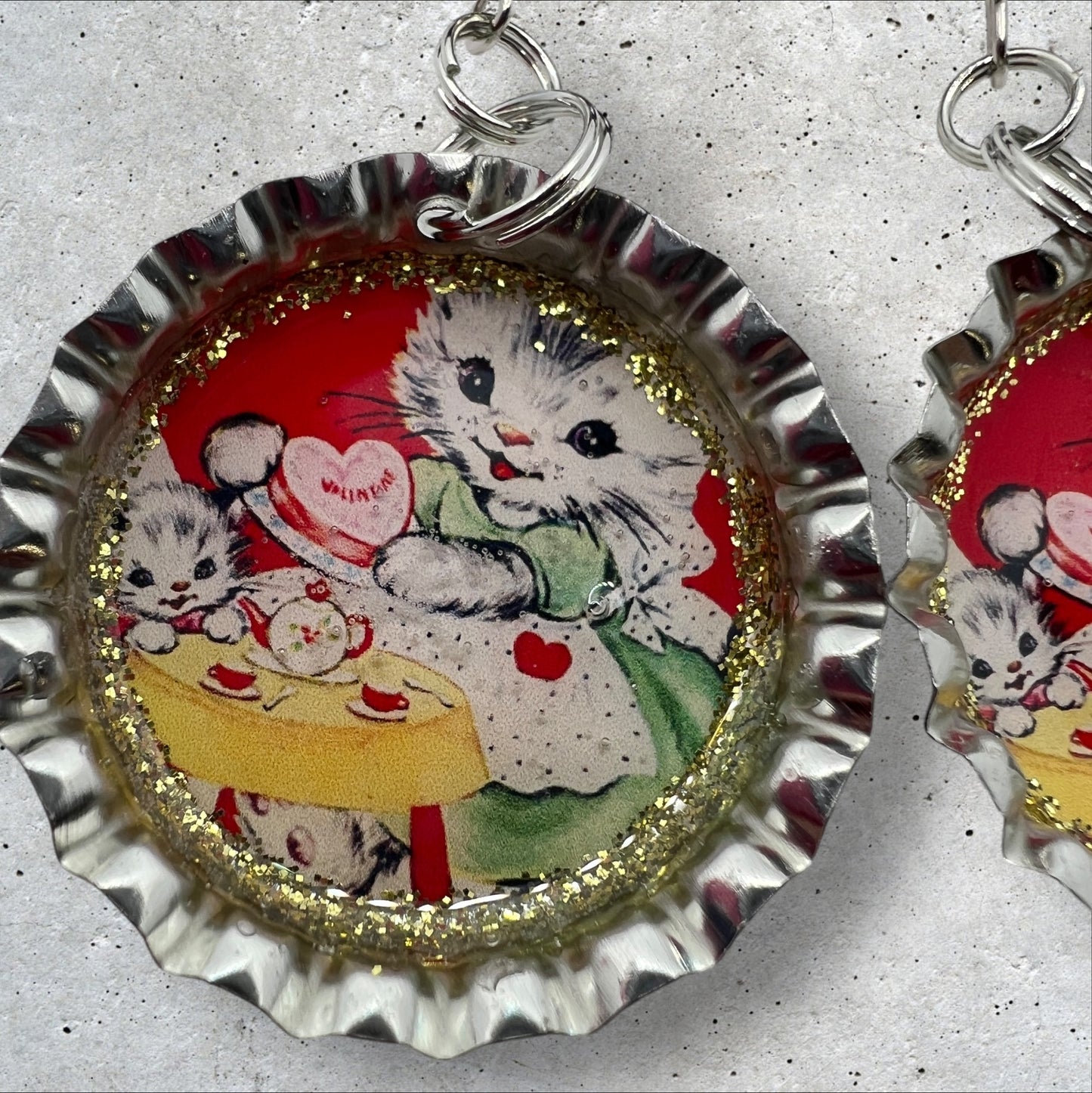 Retro Valentines Day Sweet Kitten Bottle Cap Earrings